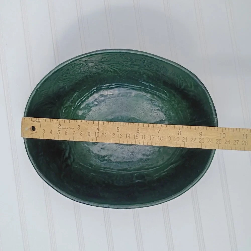 Vintage Floral Embossed Green Metal Oval Planter Cast Brass Pedestal Bowl MCM